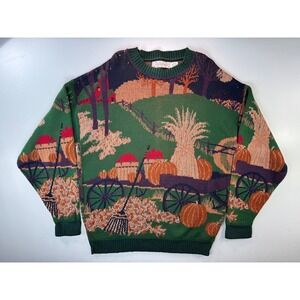 Crossings Mens Sweater Crew Neck Long Sleeve Autumn Farm Scene Green Size‎ XL